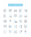 Help assistance vector line icons set. Aid, Assist, Support, Abet, Backing, Comfort, Facilitate illustration outline