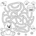 Help bear find path to honey. Labyrinth. Maze game for kids. Black and white vector illustration for coloring book Royalty Free Stock Photo