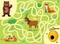 Help the bear find the way to the hive with honey. Color cartoon maze or labyrinth game for preschool children. Puzzle. Tangled