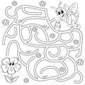 Help bee find path to flower. Labyrinth. Maze game for kids. Black and white vector illustration for coloring book