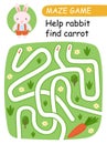 Help bunny find carrots. Maze game for kids. Vector