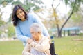 Help and care Asian senior or elderly old lady woman use walker with strong health while walking at park. Royalty Free Stock Photo