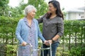 Help and care Asian senior or elderly old lady woman use walker with strong health while walking at park in happy fresh holiday Royalty Free Stock Photo