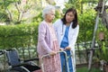 Help and care Asian senior or elderly old lady woman use walker with strong health while walking at park in happy fresh holiday Royalty Free Stock Photo