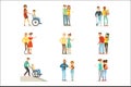 Help and care for disabled people set for label design. Cartoon detailed colorful Illustrations Royalty Free Stock Photo