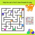 Help the cat to collect 5 clew threads for play. Funny maze and cute cartoon character isolated on colorful background.
