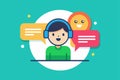 Help chat illustration featuring a friendly support agent wearing headphones interacting with message bubbles on a vibrant Royalty Free Stock Photo