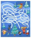 Help the crocodile get to the Christmas party. Find all the path. Maze game for kids. Full color hand drawing vector