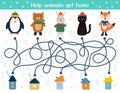 Help the cute animals find their homes. Winter maze game for kids. Preschool activity page
