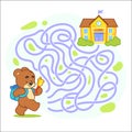 Help cute bear find the right path to school. Schoolboy with backpack walking to school through labyrinth. Maze game for kids. Day