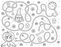 Help a cute boy in pumpkin costume find path to the candy. Black and white Halloween maze game Royalty Free Stock Photo