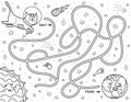 Help a cute cat astronaut find a way to the Earth. Black and white space maze for kids Royalty Free Stock Photo