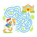 Help cute duck find the right path to school. Schoolboy with backpack go to school through labyrinth. Maze game for kids. Vector i