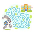 Help cute hare find the right path to school. Schoolboy with backpack run to school through labyrinth. Maze game for kids. Day of