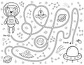 Help a cute lion astronaut find a way to the flying saucer. Black and white space maze for kids Royalty Free Stock Photo