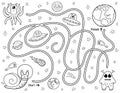 Help a cute snail astronaut find a way to the Earth. Black and white space maze for kids Royalty Free Stock Photo