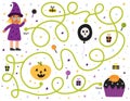 Help the cute witch find path to the cupcake. Halloween maze game for kids with cute characters