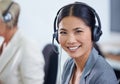 Help desk, portrait and phone call with Asian woman, headset and consultant at customer support office. Mic Royalty Free Stock Photo