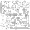 Help dinosaur find path to nest. Labyrinth. Maze game for kids. Black and white vector illustration for coloring book