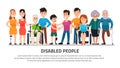 Help disabled person. Happy disability people, young student in wheelchair, handicapped boy with group of friends vector