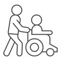 Help disabled thin line icon. Man on wheelchair vector illustration isolated on white. Disability people help outline