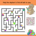 Help the elephant to find all balls for play. Funny maze and cute cartoon character isolated on colorful background. One entrance