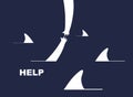 Help and empathy concept two hands helping one another to get out from sea full of sharks vector simple minimal illustration, care