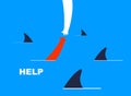 Help and empathy concept two hands helping one another to get out from sea full of sharks vector simple minimal illustration, care