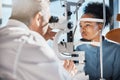 Help, eye exam or black woman consulting doctor for eyesight at optometrist or ophthalmologist. African customer testing Royalty Free Stock Photo