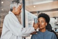 Help, eye test or black woman consulting doctor for eyesight at optometrist or ophthalmologist. African customer testing Royalty Free Stock Photo