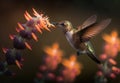 A hummingbird flying and visiting the colorful flower to drink, generative AI