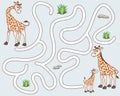 Help the giraffe find the pathway to family. Logic Game for kids. Entry and exit. Funny Labyrinth with solution. Educational maze