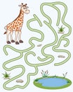 Help the giraffe find the pathway to watering hole. Logic Game for kids. Entry and exit. Funny Labyrinth with solution.