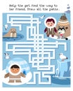 Help girl find way to her friend. Draw all paths. Maze game activity for kids. vector illustration.