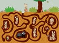 Help the hare find the way to his family in burrow under the ground. Vector color maze or labyrinth game for preschool children.