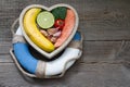 Help for heart abstract health diet food concept with lifebuoy Royalty Free Stock Photo