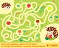 Help the hedgehog collect all the items in a single line without repeating the path twice. Color maze or labyrinth game for