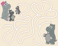 Help the hippopotamus find the pathway to family. Logic Game for kids. Entry and exit. Funny Labyrinth with solution. Educational