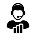 Help icon vector male data support customer service person profile avatar with headphone and bar graph for online assistant