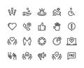 Help line icons. Support health care, manual faq guide, family life care community charity donate. Help and support set