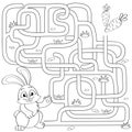 Help little bunny find path to carrot. Labyrinth. Maze game for kids. Black and white vector illustration for coloring book
