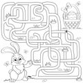 Help little bunny find path to Easter basket with eggs. Labyrinth. Maze game for kids. Black and white vector illustration for col
