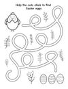 Help little chick to find eggs. Easter maze game for kids. Black and white spring activity page