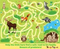 Help the little hare find a safe road to his family. Beware of predators! Color maze or labyrinth game for children. Puzzle. Royalty Free Stock Photo