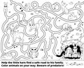 Help the little hare find a safe road to his family. Color animals on your way. Beware of predators! Printable maze or labyrinth Royalty Free Stock Photo