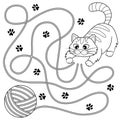 Help little kitten find path to ball of thread. Labyrinth. Maze game for kids. Black and white illustration for coloring book