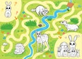 Help the little lost hare find the way to his family. Color the animals on your way. Printable coloring maze or labyrinth game for