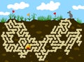 Help little mouse find a food - ears of wheat and berries underground. Vector colorful picture with mouse, labyrinth