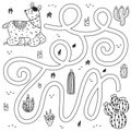 Help the llama find the way to cactus. Black and white maze game for kids