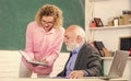 Help me please. Student asking teacher about task. Educator and pupil looking at book. Explaining difficult information